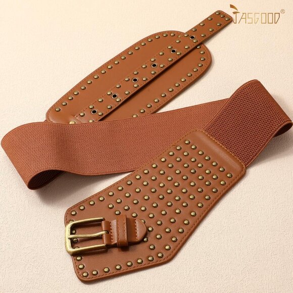Women's Elastic Wide Belt Vintage Studded Stretchy Waist Belts Dress Pants Brown - Picture 3 of 5